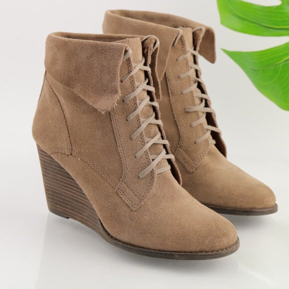 Lucky Brand Womens Yuzu Boot Size 9 Tan Suede Lace Up Bootie Wedge Heel Medieval - Picture 11 of 12